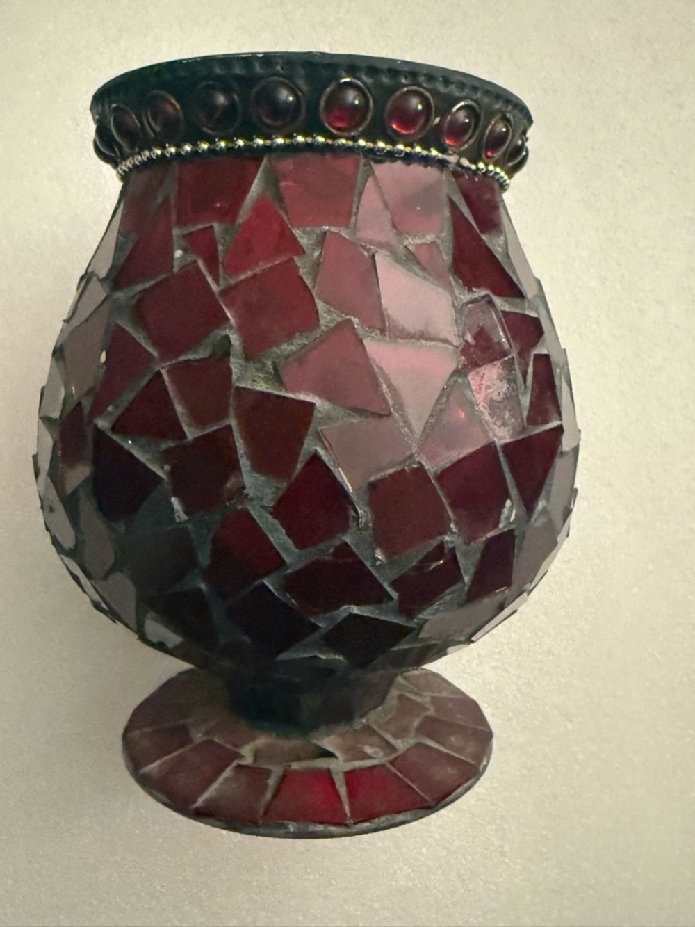 ANTIQUE VINTAGE Red Mosaic Glass Candle Holder
